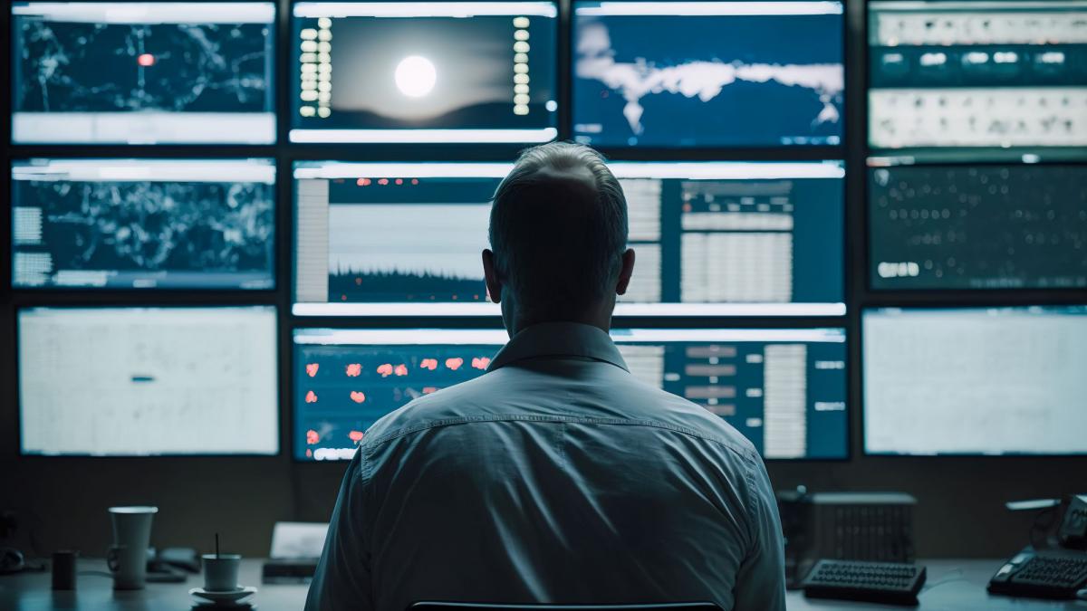 Person at working on computer with many monitors